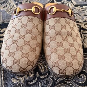 Gucci Beige and Brown Monogram Mules with Gold Detail
